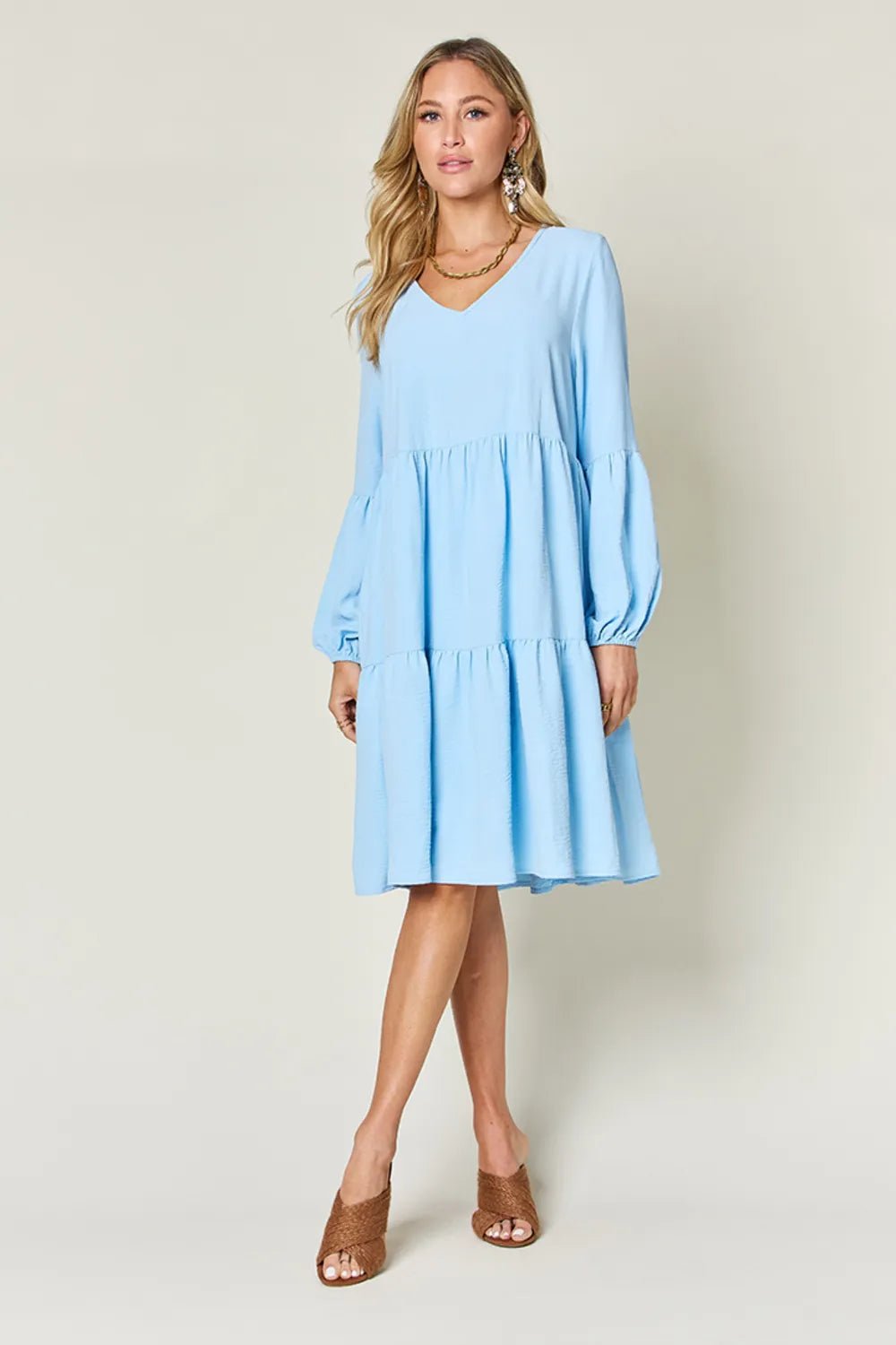 V - Neck Tiered Dress with Balloon Sleeves and Pockets - Bela Fils BoutiqueBela Fils Boutique